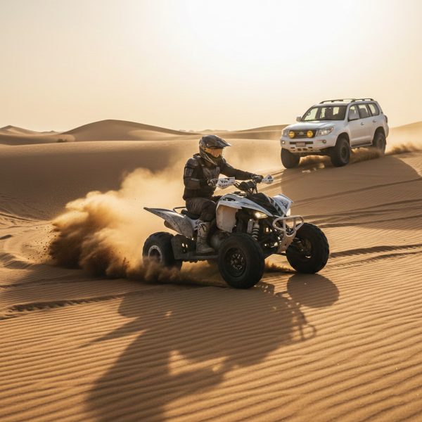 VIP 4x4 vehicle pick-up for an exclusive desert safari tour with quad biking, dune bashing