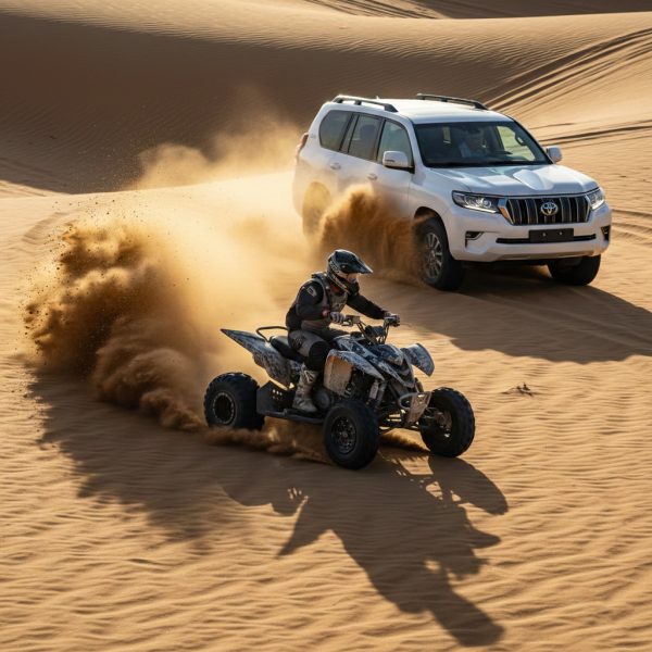 Experience the thrill of a Land Cruiser dune bashing followed by an exciting quad bike ride across the Dubai desert