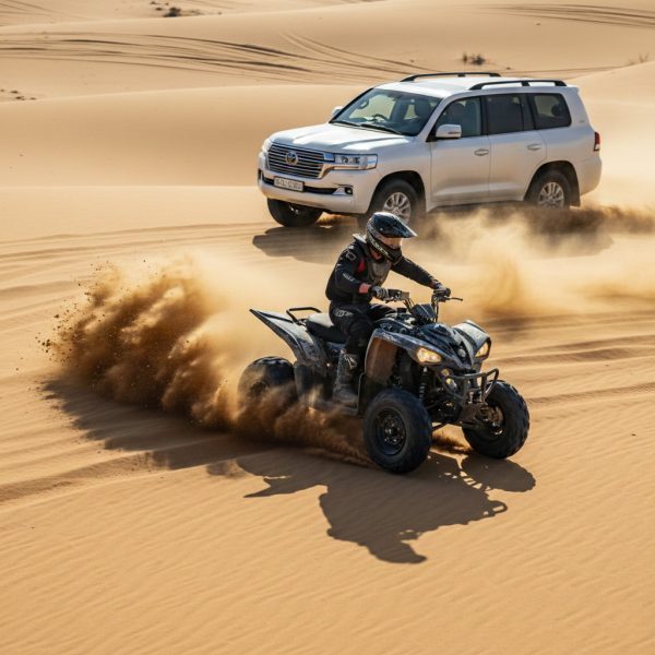 Enjoy an exhilarating quad bike ride over the golden sand dunes as part of your VIP Desert Safari