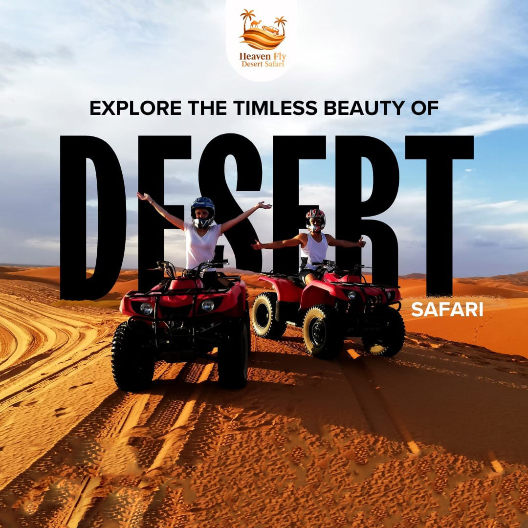 Quad bike desert adventure in Dubai with two riders exploring the golden dunes. Experience the timeless beauty of the desert with Heaven Fly Desert Safari. Book your unforgettable desert adventure now!