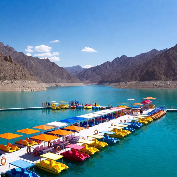Colorful pedal boats and kayaking dock at Hatta Dam surrounded by Hatta Mountains