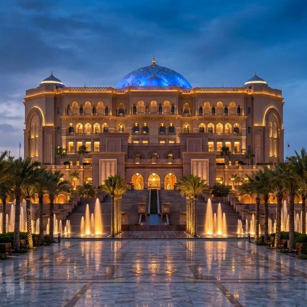 Emirates Palace Abu Dhabi illuminated at night, a luxury landmark included in UAE tourism experiences