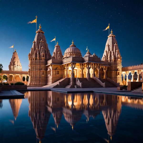 BAPS Hindu Mandir Abu Dhabi illuminated at night, a cultural attraction included in UAE sightseeing tours
