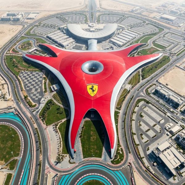 Ferrari World Abu Dhabi aerial view, world’s largest indoor theme park and UAE adventure attraction